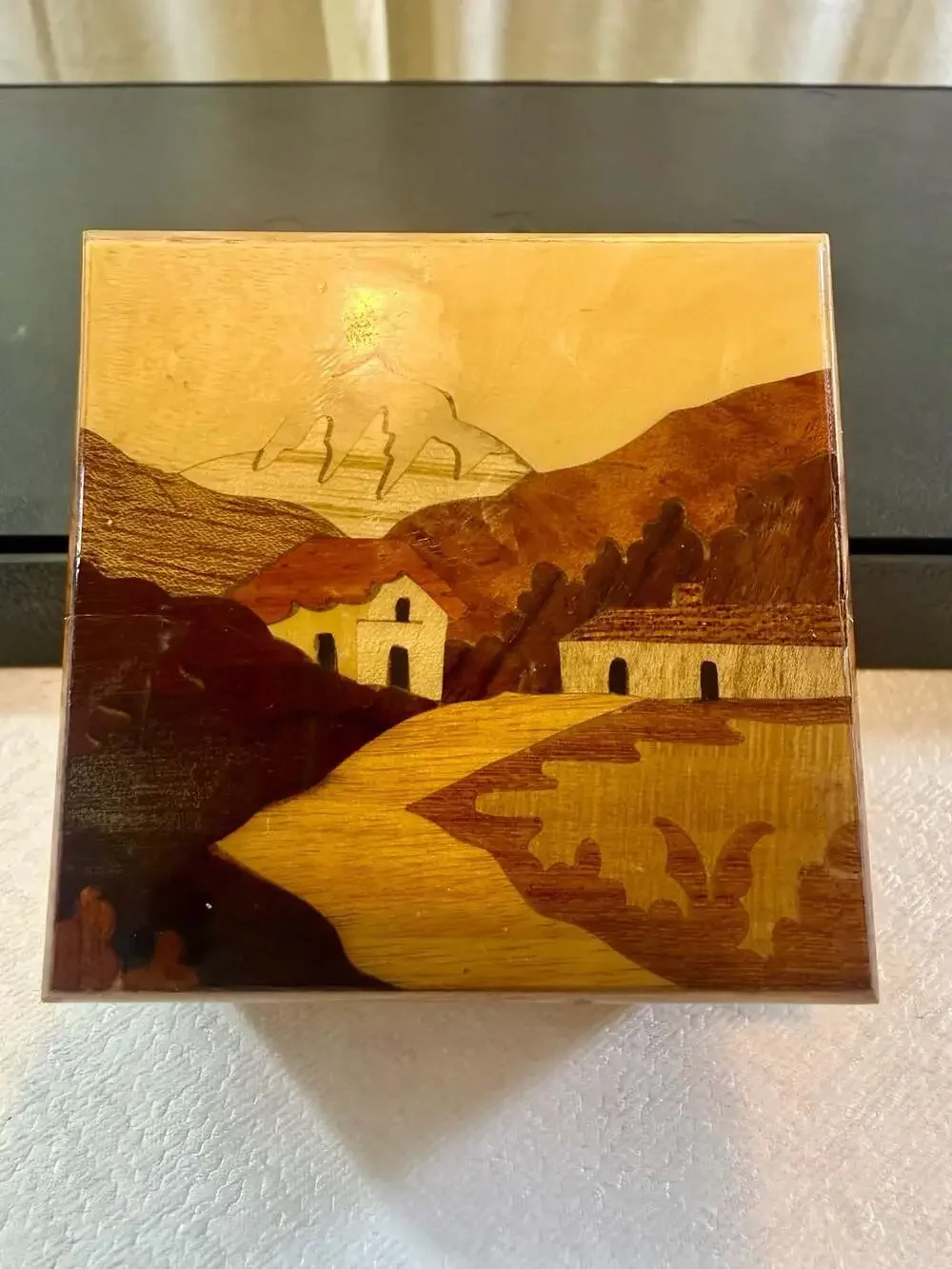 Vintage Handcrafted Wooden Marquetry Jewelry Trinket Box with Landscape Scene